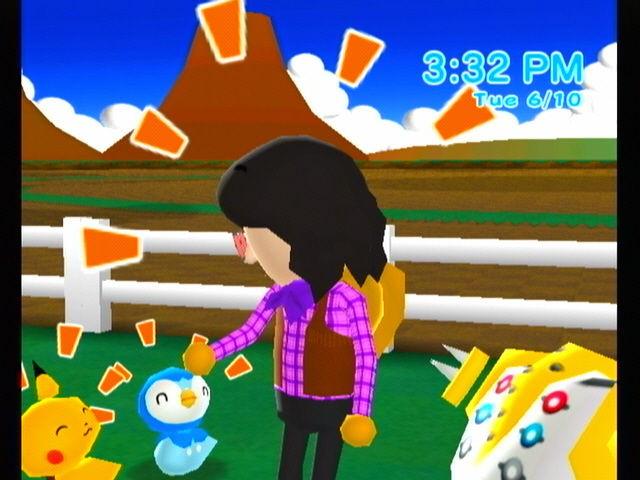 A Mii petting some Pokemon