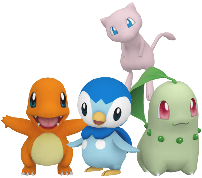 Charmander, Piplup, Chikorita and Mew