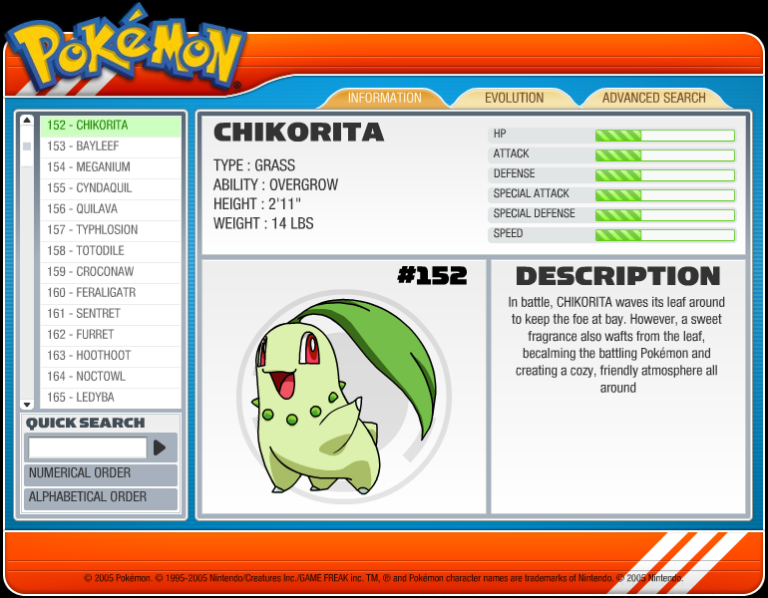 A Pokdex information page.