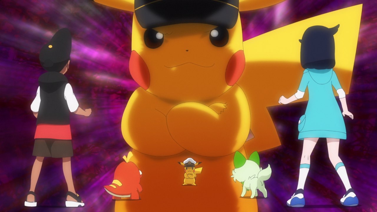 Captain Pikachu looms over Roy and Liko in Special Training with Cap! (HZ007)
