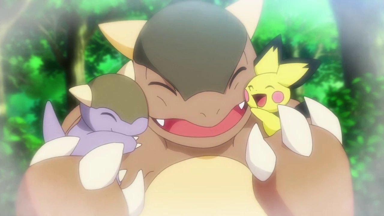 Pikachu with the Kangaskhan family that raised it in Enter Pikachu! (JN001)