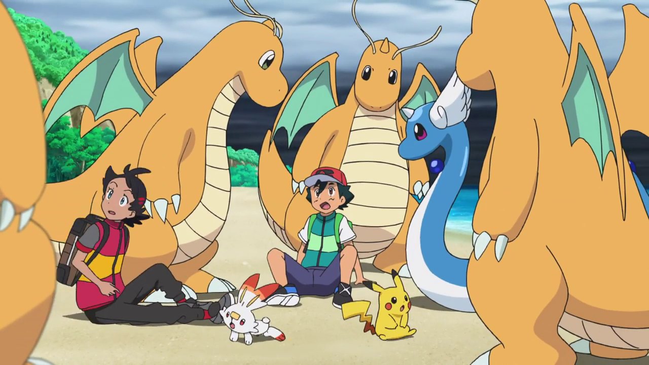 Ash and Goh with a group of Dragonite in A Test in Paradise! (JN010)