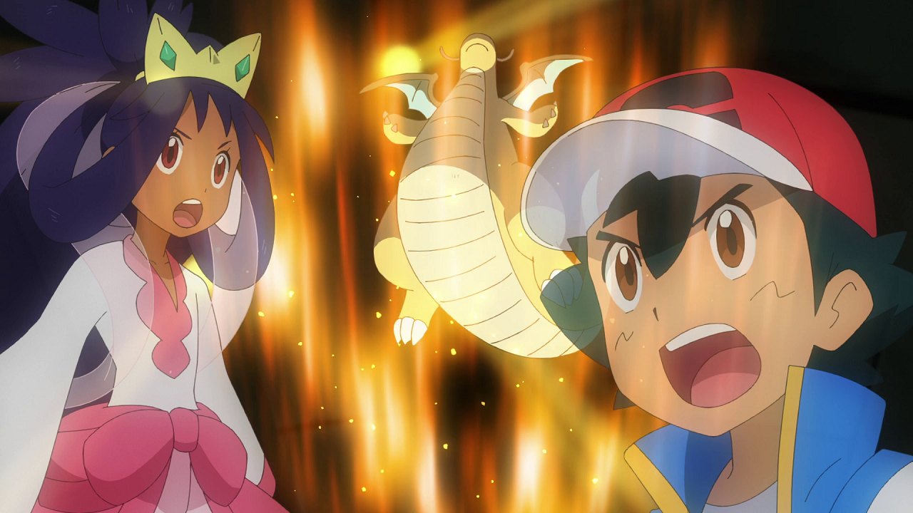 Iris and her Dragonite face Ash in Thrash of the Titans! (JN065)