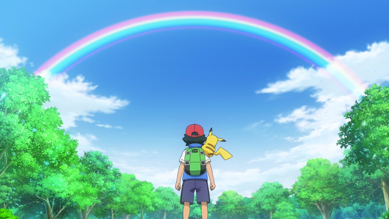 Ash and Pikachu walk towards a rainbow in The Rainbow and the Pokémon Master! (JN147)