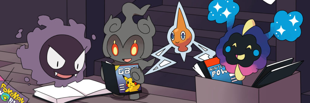 Gengar, Marshadow, Rotom and Cosmog reading old Pokémon magazines