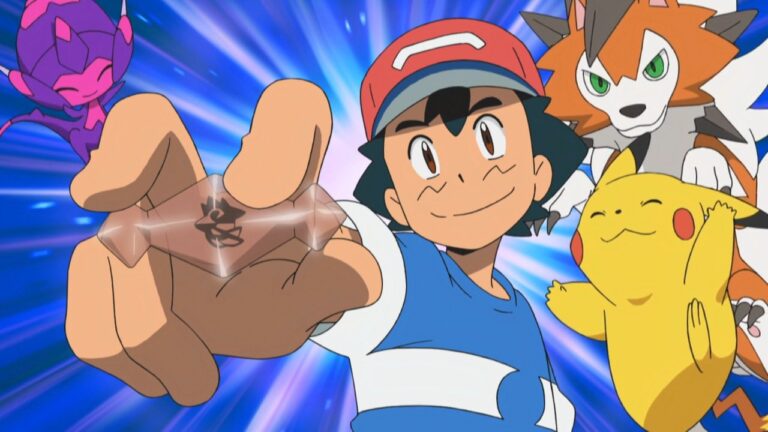 Ash with the Lycanium Z, his reward for Nanu’s grand trial in Guiding an Awakening! (SM077)