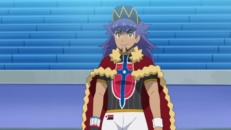 Leon, Galar’s Champion, who becomes Monarch in Flash of the Titans! (JN012) and gives Ash a Dynamax Band (JN013)