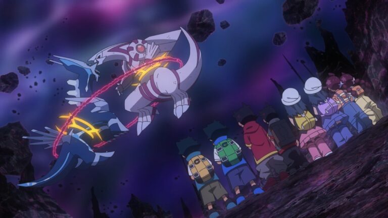 Dialga and Palkia with Ash, Goh, Dawn and Chloe in Showdown at the Gates of Warp! (JN090), the season finale