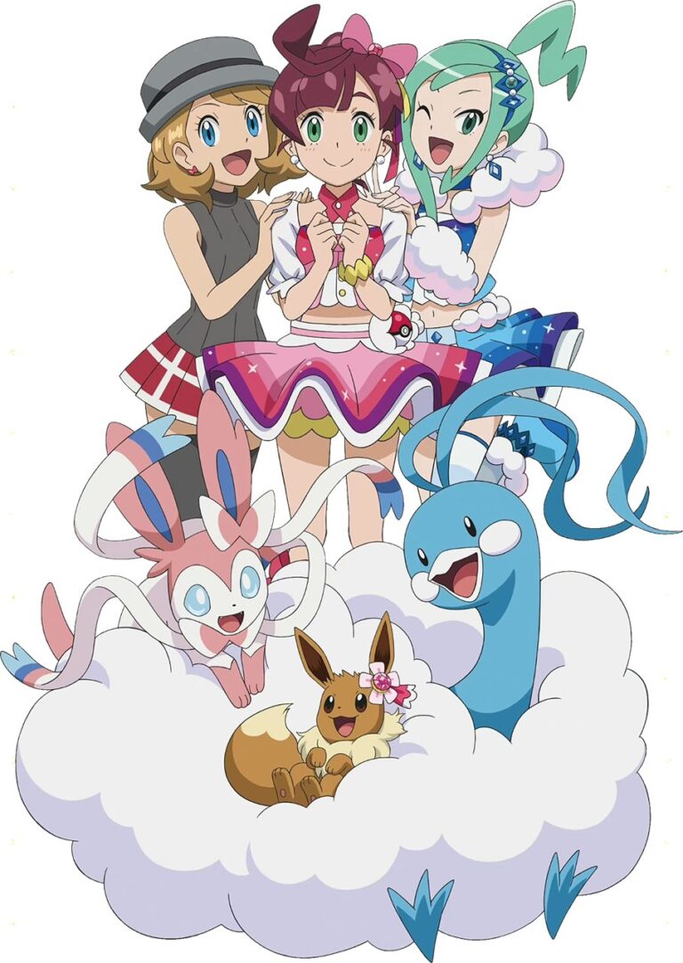 Serena and Chloe with Lisia (official artwork), who meet at the Lilycove Contest in Reuniting for the First Time! (JN105