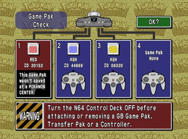 The Game Pak check screen of the North American Pokémon Stadium