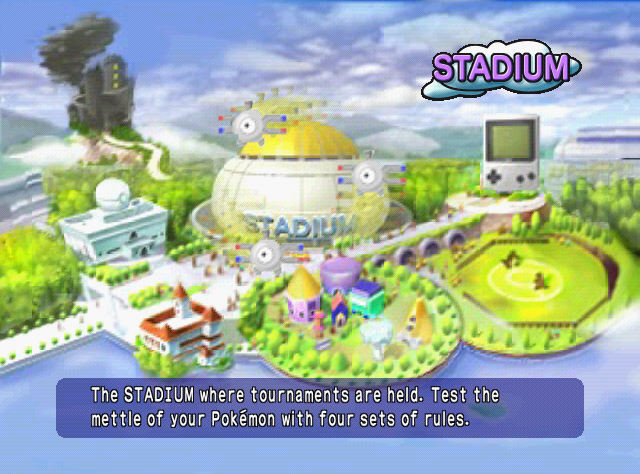 The mode select screen of the international Pokémon Stadium