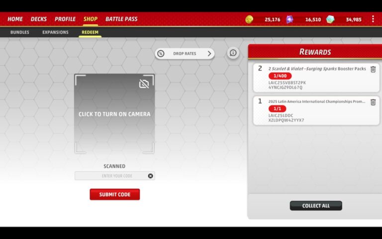 The Redeem menu in the Shop